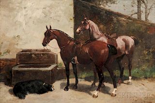 Scott Leighton (American, 1849-1898)      Two Horses at a Trough