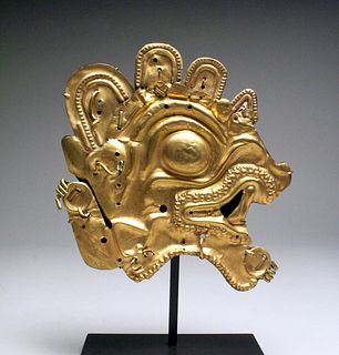 La Tolita 22K Gold Ornament, Jaguar / Harpy Eagle Head