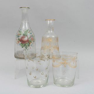 Lot of 2 cruets and 2 glasses. Spain. 19th century. Made in crystal by the Real Fábrica de Cristales de la Granja.