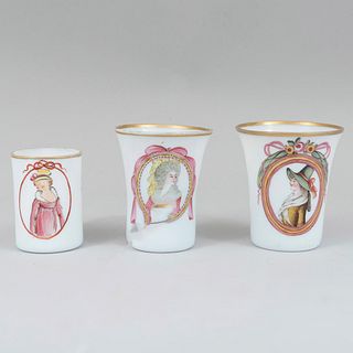 Lot of 3 glasses, 20th century, Made in La Granja style crystal, Decorated with golden enamel, laceria and medallions with portraits.