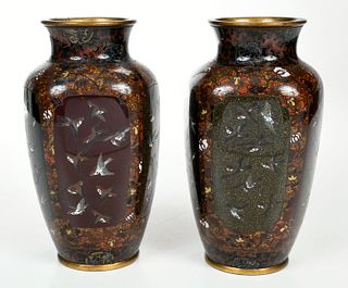 Pair of Japanese Cloisonne Vases with Gold Stone