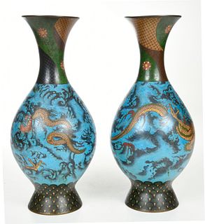 Pair of Asian Cloisonne Figural Dragon Vases