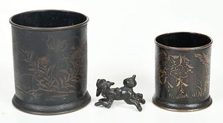 Two Japanese Bronze Brush Pots and Figure