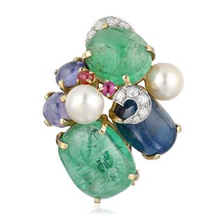 Seaman Schepps Multi-Colored Gemstone and Cultured Pearl Brooch