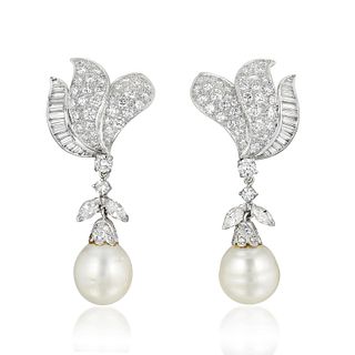 Diamond and Cultured Pearl Day/Night Earclips