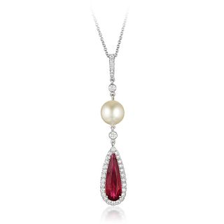 Rubellite Diamond and Cultured Pearl Pendant Necklace