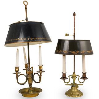 (2 Pc) 19th Ct. Bronze Table Lamps With Metal Shades