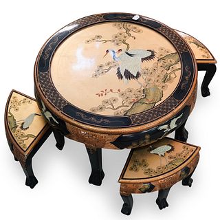 (5 Pc) Japanese Hand Painted Lacquered Table