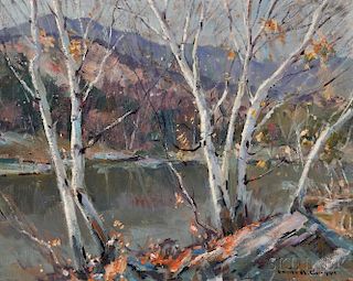 Emile Albert Gruppe (American, 1896-1978)      Landscape with River Bank and Birches
