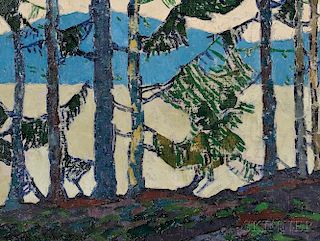 Frank H. Johnston (Canadian, 1888-1949)      Pines by a Mountain Lake