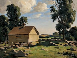 Bertram George Bruestle (American, 1906-1968)      Barn and Rocky Field in Summer