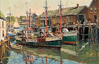 Wayne Beam Morrell (American, 1923-2013)      Fishing Boats at a Pier