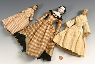 19th Century Dolls: 1 porcelain, 2 wood