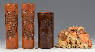 3 Brush Pots & Soapstone Vase