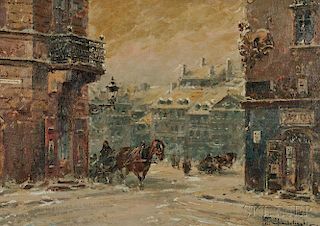 Wladyslaw T. Chemielinski (Polish, b. 1895)      Snowy City Square with Horse-drawn Sleigh