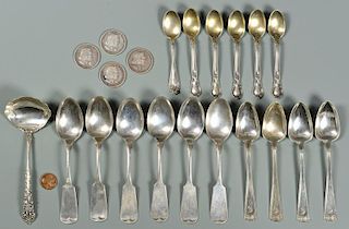 Group of Silver: 17 Flatware, 4 Coins