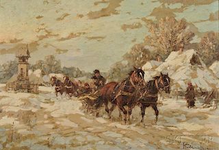 Wladyslaw T. Chemielinski (Polish, b. 1895)      Horse-drawn Sleighs in a Winter Village Landscape