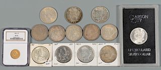 12 US Morgan Silver Dollars & $5 Gold Coin