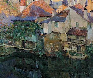 Abel George Warshawsky (American, 1883-1962)      View of Maline with Houses on a Waterway