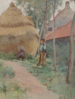American School, 19th/20th Century      Peasants by a Thatched Cottage, Probably Brittany