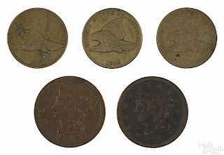 Three Flying Eagle cents, to include two 1858, G, and one with an unreadable date