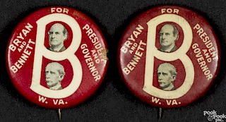 Two William Jennings Bryan & Louis Bennett, West Virginia political pinbacks, 1 1/4'' dia.