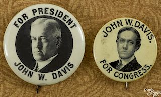 John W. Davis presidential button, 1 1/4'' dia., together with a John W. Davis for Congress button
