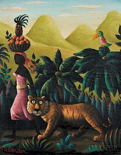 Orville Bulman (American, 1904-1978)      Woman Walking Beside a Tiger