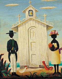 Orville Bulman (American, 1904-1978)      Preacher and Woman Beside a Seaside Chapel