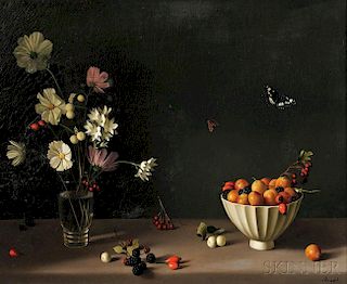 Fernand Renard (French, b. 1912)      Still Life with Fruit, Flowers, and Butterflies