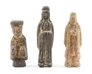 * Three Chinese Tang and Han Dynasty Pottery Figures Height of tallest 8 1/2 x width 2 1/2 inches.