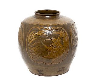 * A Brown Glazed Ceramic Pottery Jar Height 13 1/2 x width 13 inches.