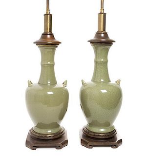 * A Pair of Celadon Porcelain Vases Height of vase 14 inches.