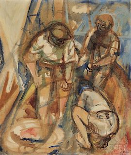 Armando Pizzinato (Italian, 1910-2004)      Three Figures at Work on a Boat Deck