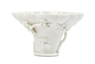 A Blanc-de-Chine Porcelain Libation Cup Height 2 3/8 inches.