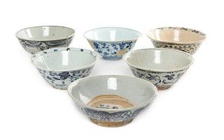 * A Group of Six Blue and White Porcelain Bowls Diameter of largest 6 1/8 inches.