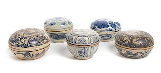* A Group of Five Blue and White Porcelain Boxes and Covers Diameter of largest 4 1/4 inches.