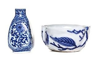 Two Blue and White Porcelain Articles Height of first 2 3/8 inches.