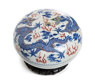 A Blue and White and Iron Red Circular Box and Cover Diameter 9 1/2 inches.