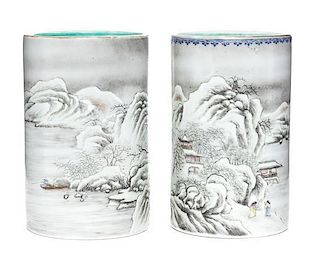 A Pair of Grisaille Enamel Porcelain Brushpots Height 5 1/2 inches.