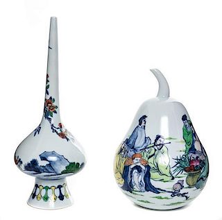 Two Polychrome Enameled Porcelain Vases Height of tallest 12 inches.