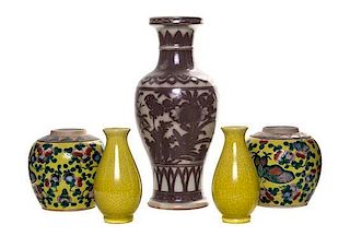 * A Group of Five Chinese Porcelain Articles Height of tallest 12 inches.