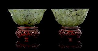 * A Pair of Spinach Jade Bowls Diameter 4 1/8 inches.