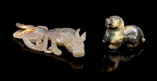 * Two Jade Carvings of Mythical Beasts Length of longer 6 5/8 inches.