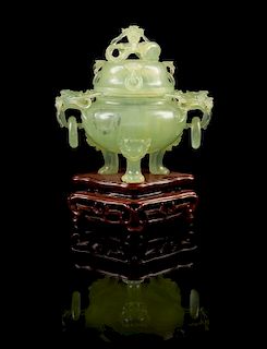 * A Carved Jade Tripod Censor and Cover Height 4 1/2 inches (without stand).