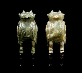 * A Near Pair of Carved Jade Figures of Owls Height of pair 4 inches.