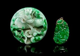* Two Carved Jadeite Articles Diameter of larger 1 7/8 inches.