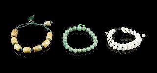 A Group of Three Chinese Jadeite Beaded Bracelets Diameter of largest 2 3/4 inches.