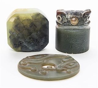 * A Group of Three Carved Hardstone Articles Diameter of bi 2 3/4 inches.