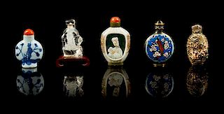 A Group of Five Snuff Bottles Height of tallest 3 inches.